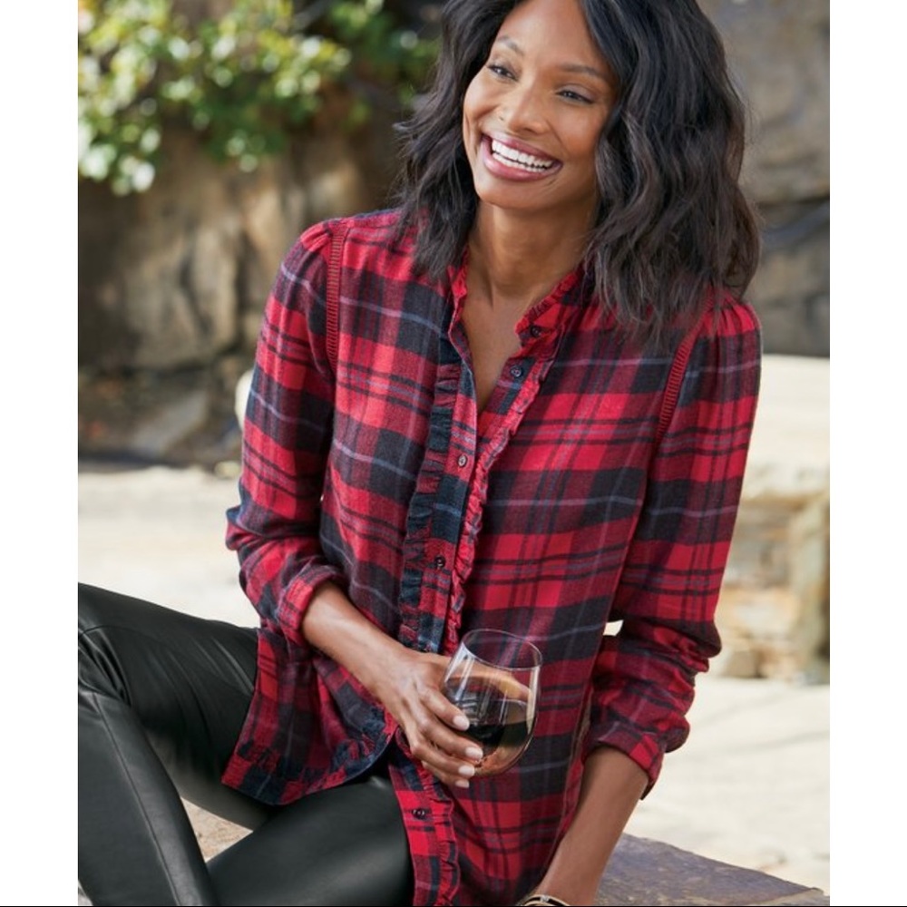 Soft Surroundings Triana Red Plaid Button Down Top Size Small Petite